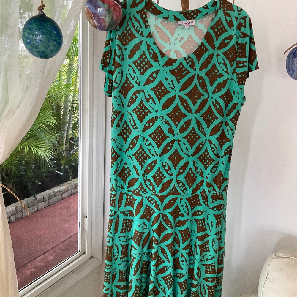 IOLANI Made in Hawaii Lovely Tropical Green & Brown Long Dress Size XL